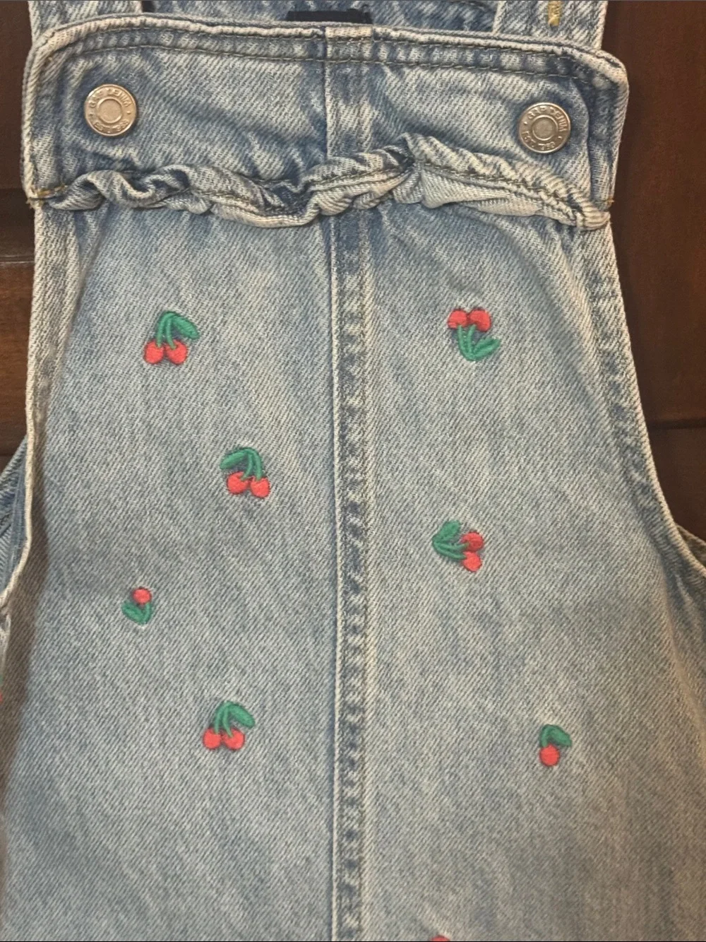 Girls Light Denim Cherry Embroidered Overall Dress GAP